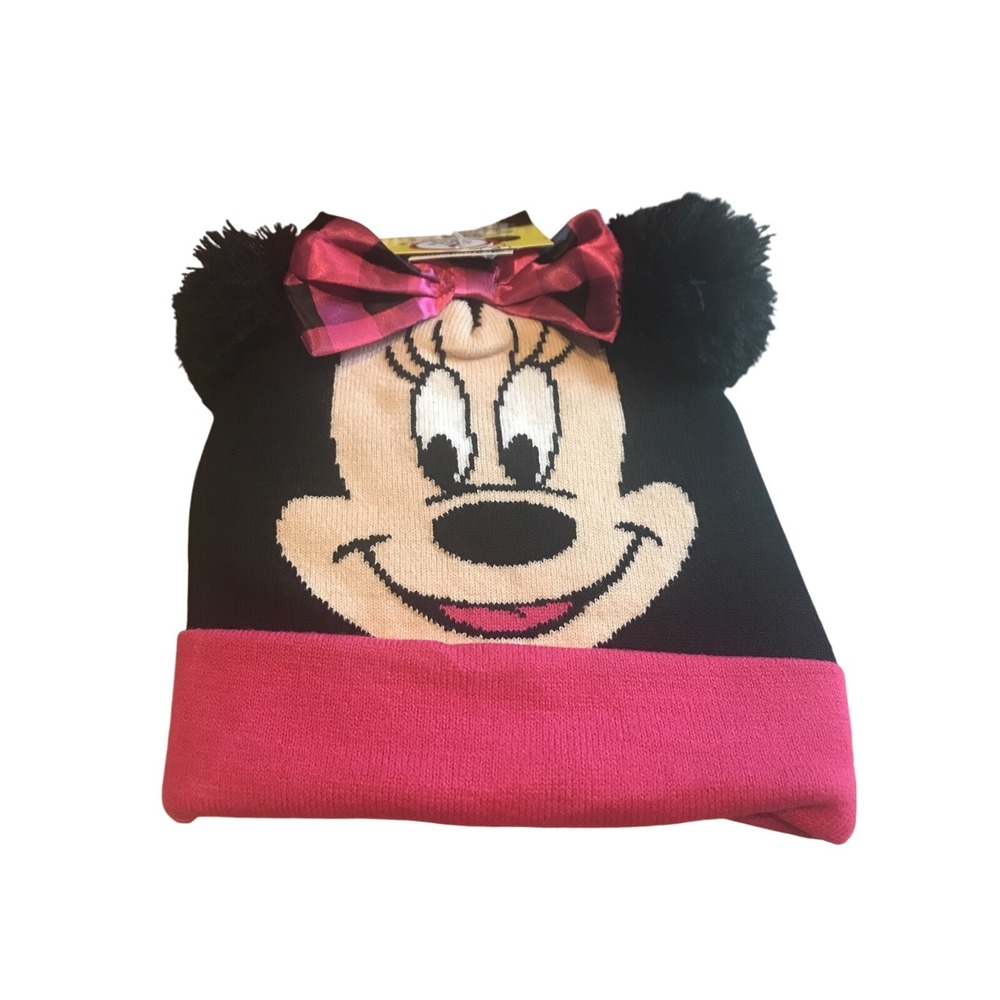 Minnie Mouse Hat & Gloves Set Disney Pink Bow Black Pom Pom Ears‎ Toddler Girl
